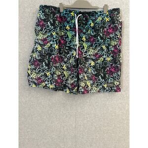 Disney Lilo & Stitch Swim Trunks Mens XXL Black Neon‎ Graffiti Floral Shorts